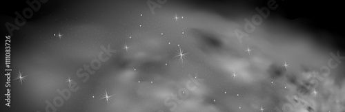 Mystery dark background with glowing particles, stardust, and glittering stars, creating a colorful, ethereal fog. Vector illustration with vibrant, multicolored steam and vapor.