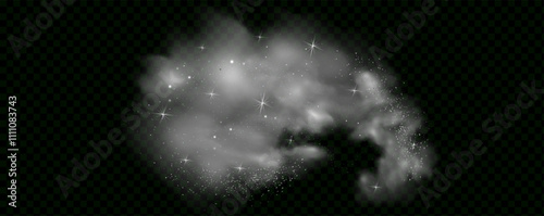 Mystery dark background with glowing particles, stardust, and glittering stars, creating a colorful, ethereal fog. Vector illustration with vibrant, multicolored steam and vapor.