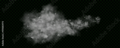 Mystery dark background with glowing particles, stardust, and glittering stars, creating a colorful, ethereal fog. Vector illustration with vibrant, multicolored steam and vapor.