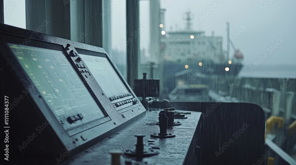 Fototapeta premium Ship bridge control panel in rainy weather with blurred cargo ship in background.
