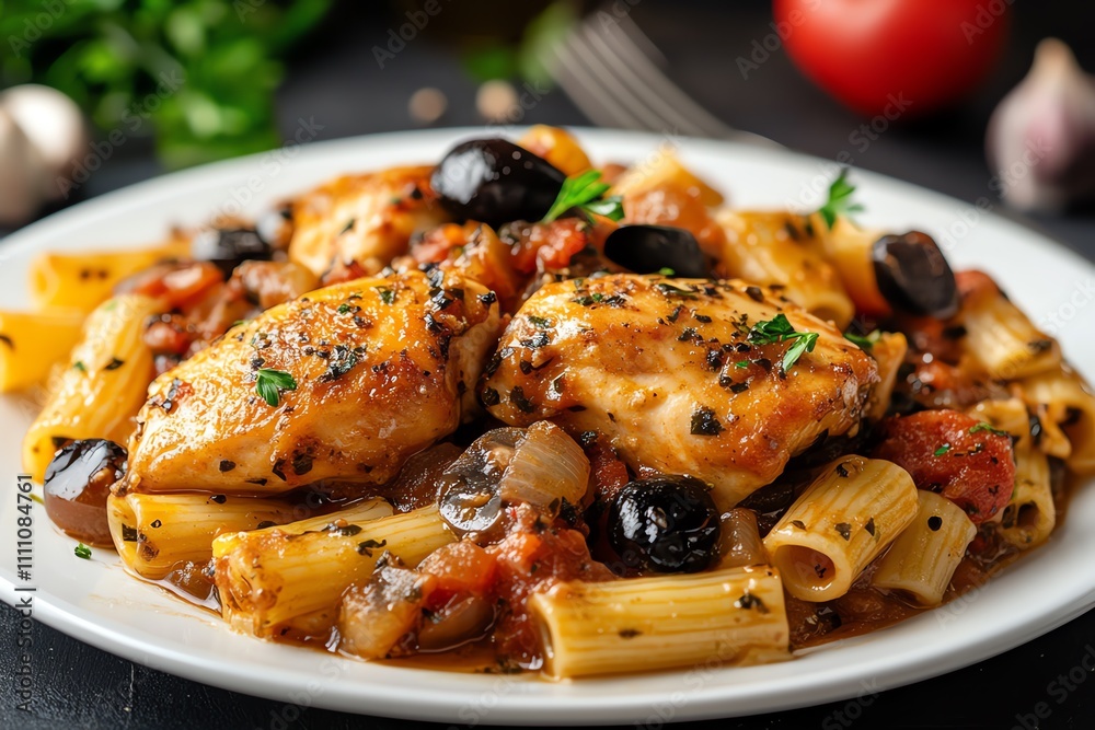 Savory Chicken Cacciatore Served with Pasta on a White Table Savory Chicken Cacciatore Served with Pasta on a White Table