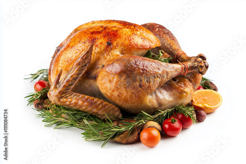 Roasted Thanksgiving turkey presented on a platter with colorful root vegetables isolated on a white background photo