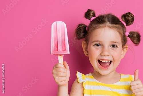 Smiling girl holding pink popsicle, cheerful thumbs-up gesture, bright pink background, playful and joyful child portrait, summer fun concept, energetic and vibrant studio shot

