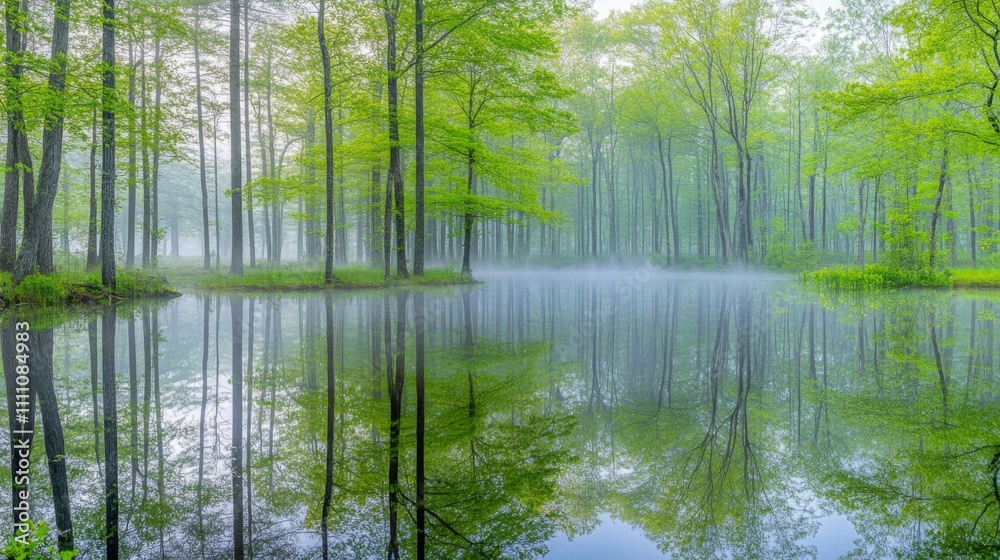 Foggy Forest Reflection in a Tranquil Pond Foggy Forest Reflection in a Tranquil Pond