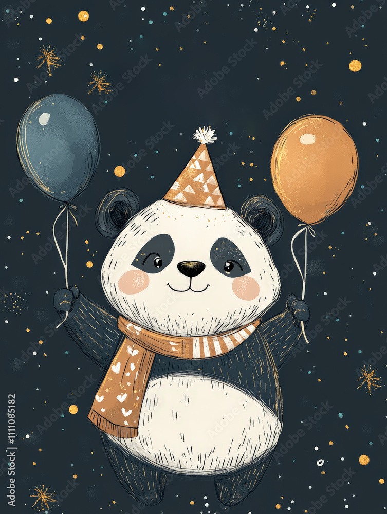 Fototapeta premium Charming New Year Illustrations with cheerful panda wearing festive outfits, holding balloons and party hats: Wallpapers, T-shirts, Posters & Decor