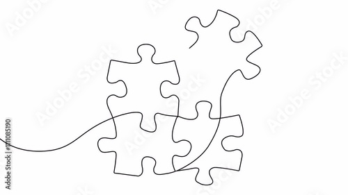 Video. Connected puzzle pieces of one continuous line drawn. Animation on white background 4K.