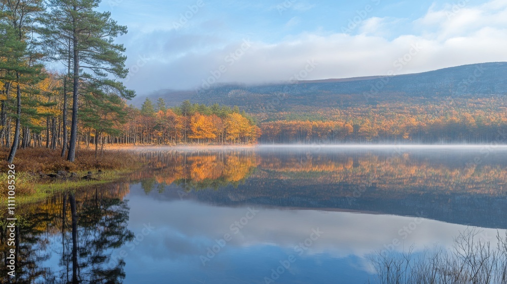 Autumn Forest Reflecting in Still Lake with Morning Mist Autumn Forest Reflecting in Still Lake with Morning Mist