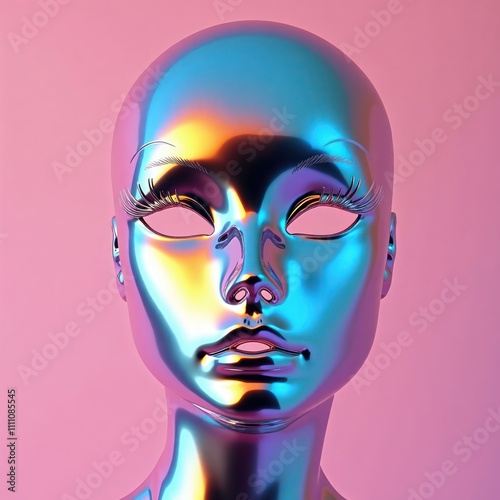 Futuristic holographic mask. Chrome woman mask with iridescent colors on pink background. Digital artwork. Modern design for masquerade or fashion. Abstract face. Cyber or fantasy style.