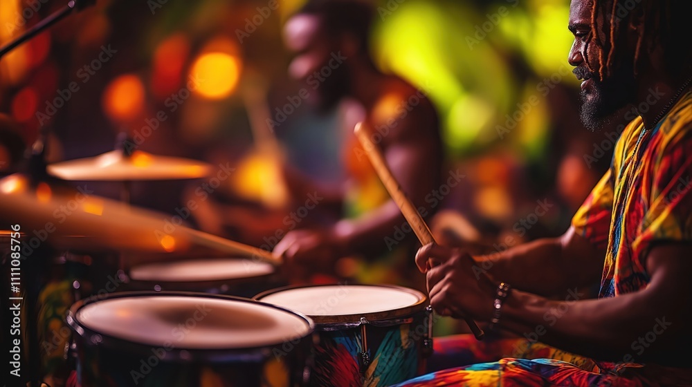 Naklejka premium Closeup drummers play colorful drums at reggae music concert. Vibrant music performance. Drummers wear colorful clothes. Musical show in lively club. Energetic performers. Live music atmosphere.