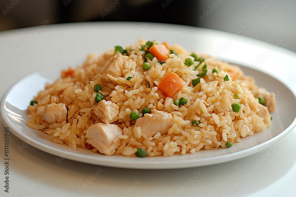 Savory Chicken Fried Rice Served on a White Table Savory Chicken Fried Rice Served on a White Table