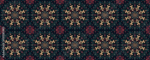 Intricate repeating floral and geometric patterns in dark tones, creating a rich textile design.