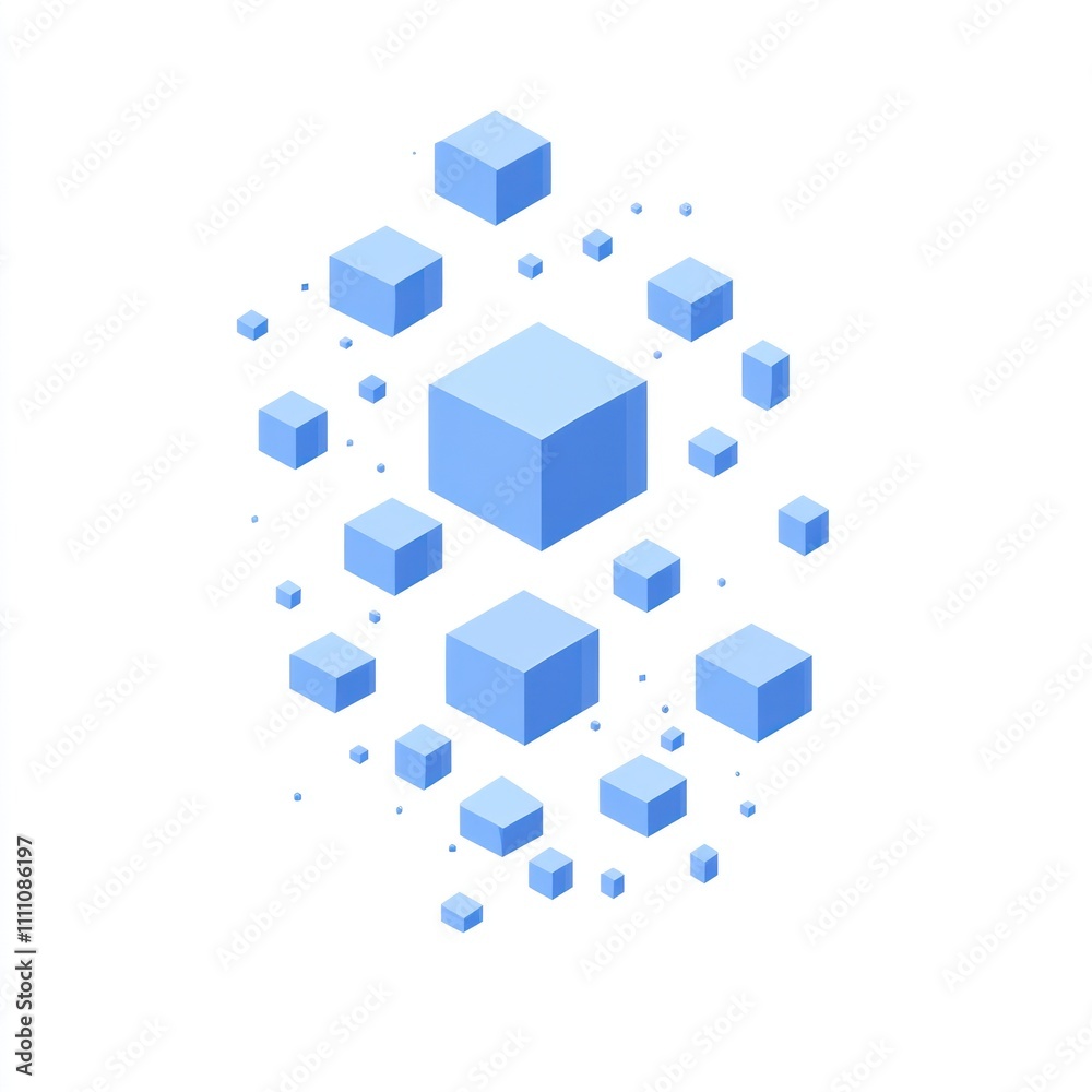 Abstract illustration of light blue cubes of varying sizes, scattered against a white background. Abstract illustration of light blue cubes of varying sizes, scattered against a white background.