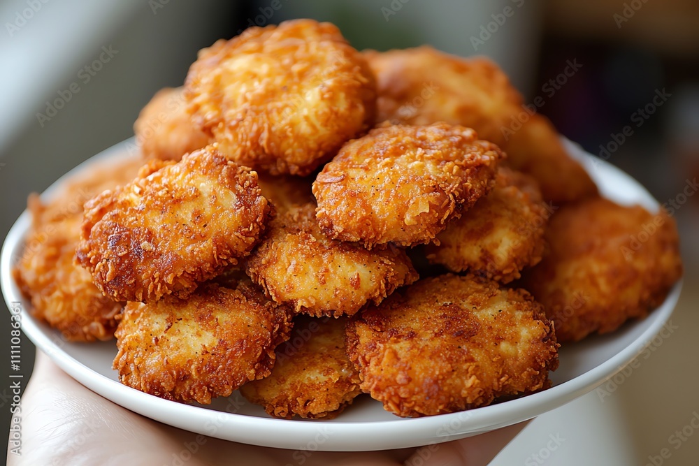Hand-Held Plate of Crispy Chicken Nuggets Ready to Enjoy Hand-Held Plate of Crispy Chicken Nuggets Ready to Enjoy