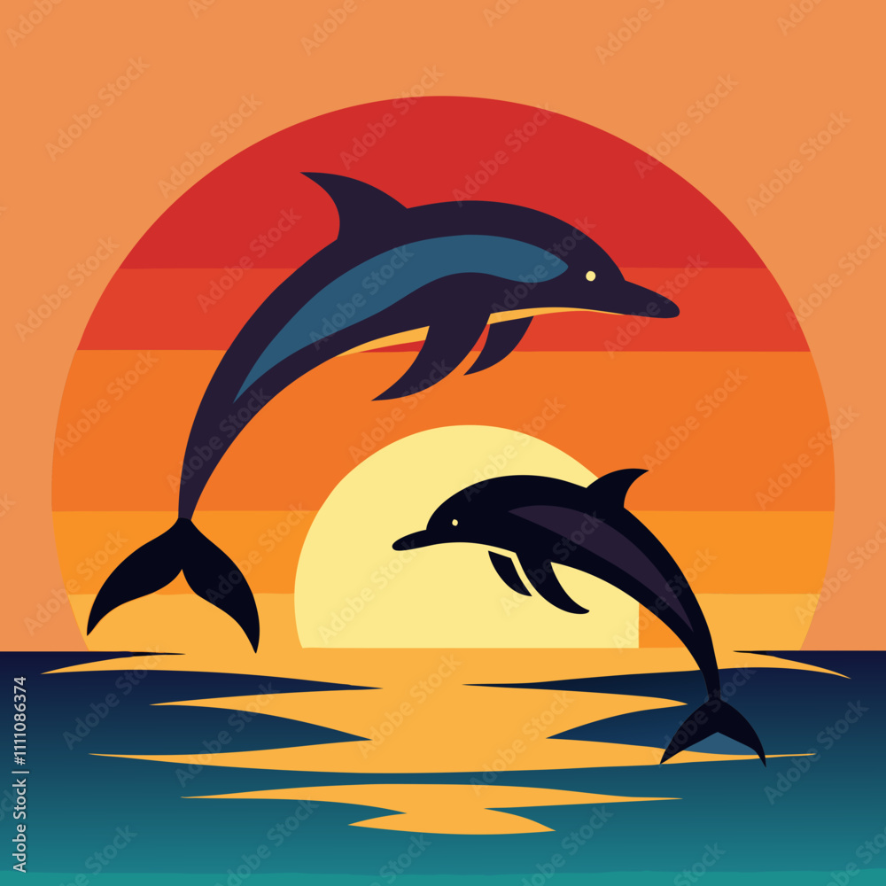 Fototapeta premium Dolphins jumping over a sunset.