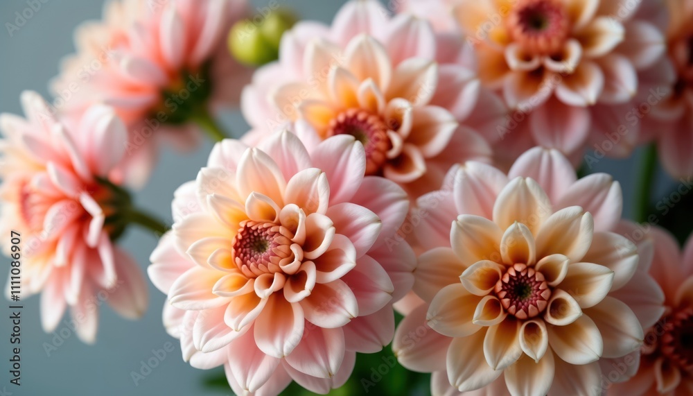 Obraz premium Close-up view of blooming dahlias. Soft pink and peach tones. Beautiful flower blossoms. Springtime floral scene. Elegant and romantic. Perfect for springtime celebrations like weddings or birthdays.