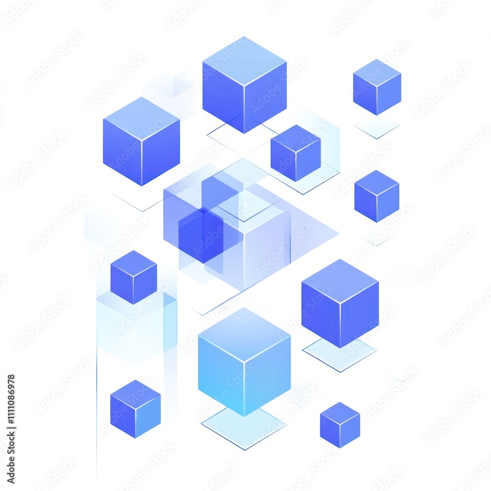 Abstract isometric illustration of multiple light blue cubes floating in space, representing data, technology, or connections. Abstract isometric illustration of multiple light blue cubes floating in space, representing data, technology, or connections.