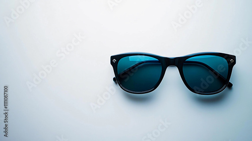 Stylish black sunglasses with blue lenses placed on a clean white surface