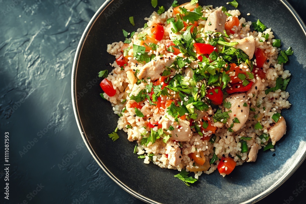Vibrant Chicken Stir-Fry with Colorful Vegetables on a Dark Table Surface Vibrant Chicken Stir-Fry with Colorful Vegetables on a Dark Table Surface
