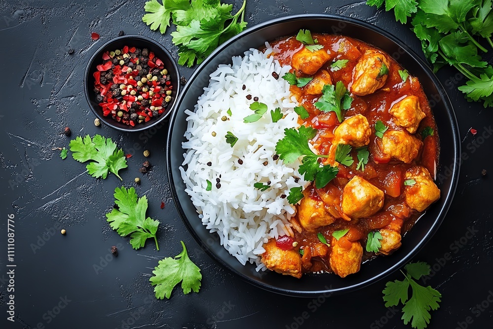 Delicious Chicken Tikka Served with Rice on a Black Table - Top View Delicious Chicken Tikka Served with Rice on a Black Table - Top View