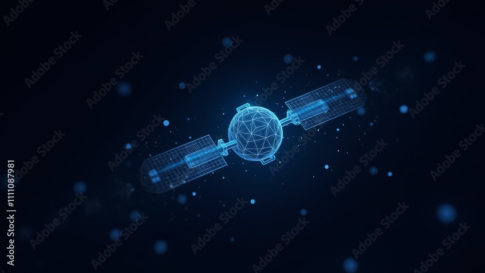 Advanced hologram of Communication Satellite with glowing lines and particles on dark background. Advanced hologram of Communication Satellite with glowing lines and particles on dark background.