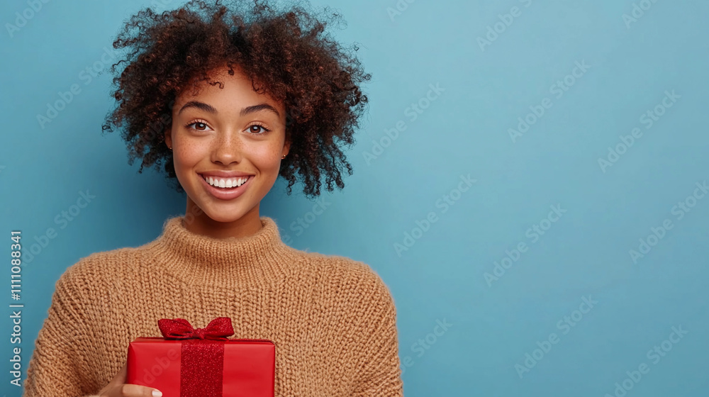 Smiling woman holding a red gift box against a blue background in a cozy sweater Smiling woman holding a red gift box against a blue background in a cozy sweater