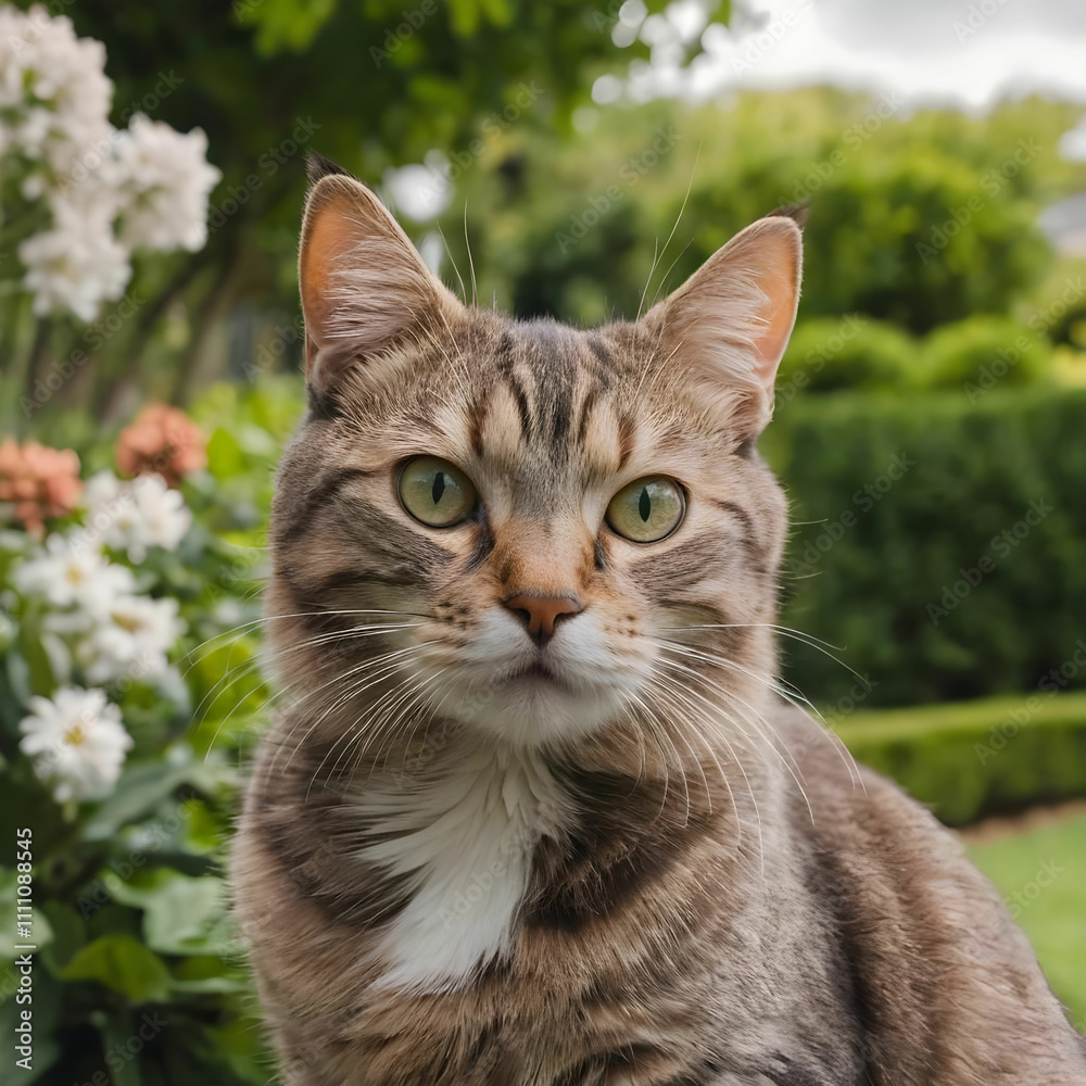 Closeup shot of a cat in a garden during the day Closeup shot of a cat in a garden during the day