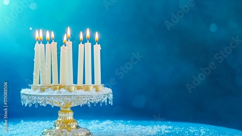 Illuminated Hanukkah menorah with glowing candles on ornate golden stand against dreamy blue background, celebrating Jewish holiday tradition. photo