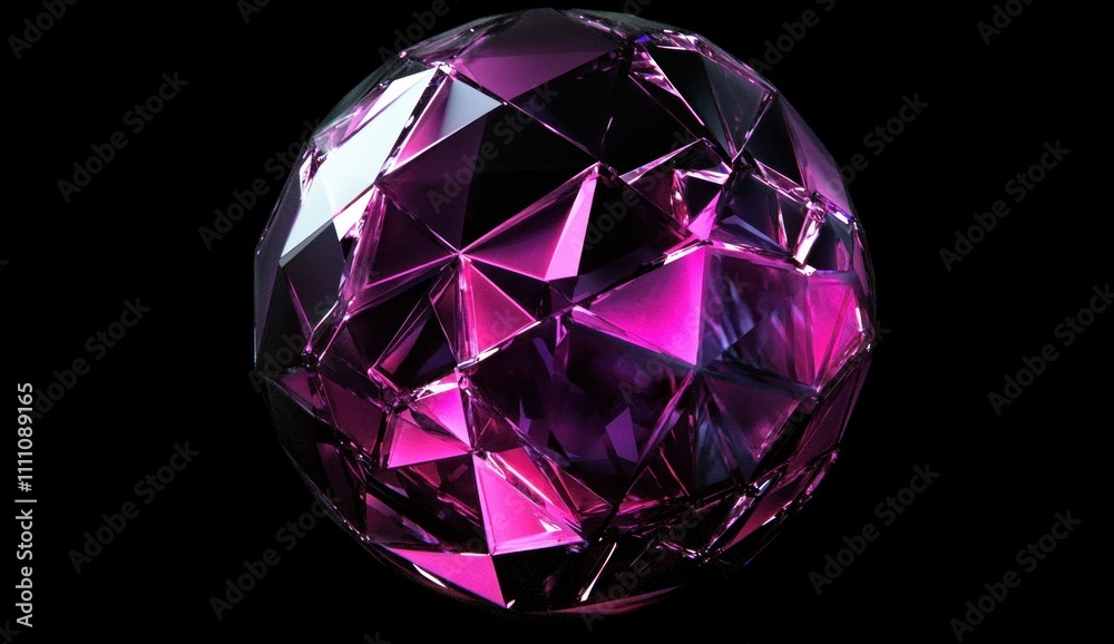 Abstract purple gemstone sphere with faceted surfaces, isolated on black background. Abstract purple gemstone sphere with faceted surfaces, isolated on black background.