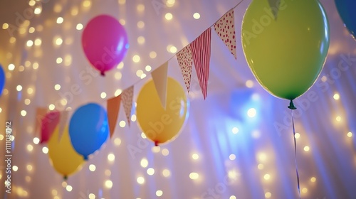 Colorful balloons and festive decorations with fairy lights creating a joyful atmosphere for a celebration, party, or event backdrop in soft focus. photo