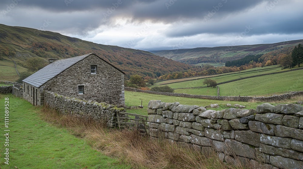 A rustic stone house nestled in a lush valley, surrounded by rolling hills and autumn foliage. A rustic stone house nestled in a lush valley, surrounded by rolling hills and autumn foliage.
