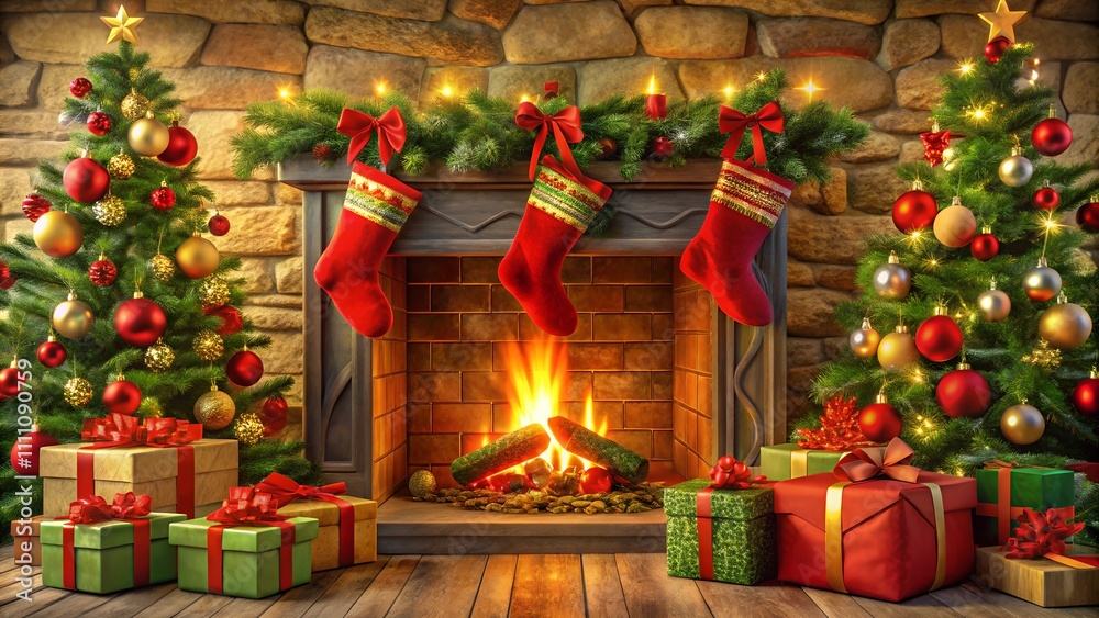 Fototapeta premium christmas tree with gifts, Christmas Fireplace Decoration Background