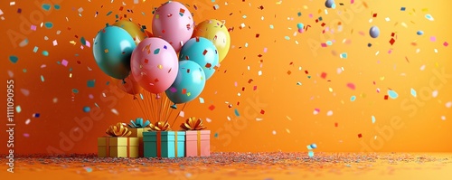 Colorful balloons, gift boxes filled with confetti on orange background. Festive celebration atmosphere for birthday party. Many small colorful confetti pieces floating in air. Bright gifts in yellow