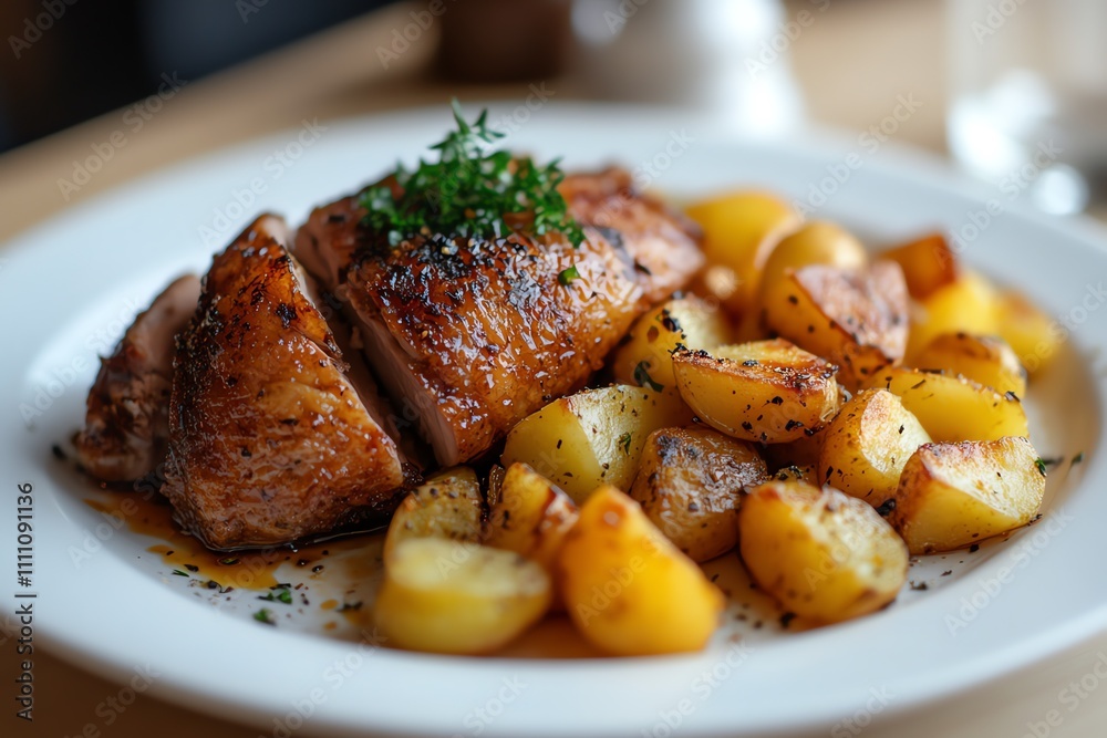 Elegant Presentation of Duck Confit with Potatoes on a White Table Setting Elegant Presentation of Duck Confit with Potatoes on a White Table Setting