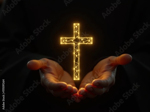 hand holding open bible with golden glowing cross hologram on dark background.