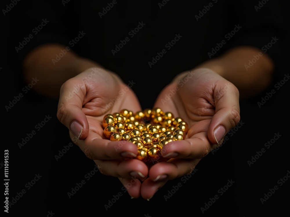 Fototapeta premium hand holding golden glowing prayer beads on dark background.