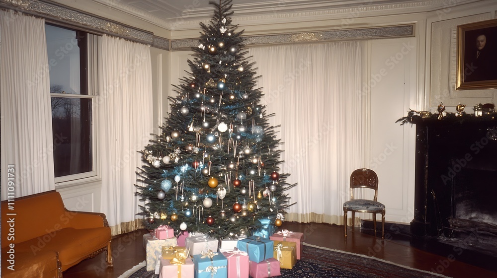 Decorated Christmas Tree with Presents in a Room with a Fireplace Decorated Christmas Tree with Presents in a Room with a Fireplace