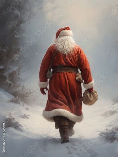 Quiet serene winter scene of Santa Claus holding large sack with presents and walking in the snow photo