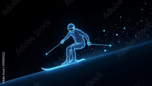 hologram illustration of man carving skis on dark background