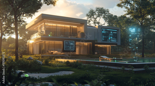 Smart Home Exterior  Modern Architecture  Sunset  Pool  Technology