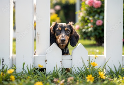 Adorable Dachshund Peeking Through a White Picket Fence Surrounded by Vibrant Yellow Flowers in a Beautiful Garden Setting Capturing a Playful and Curious Moment Outdoors

