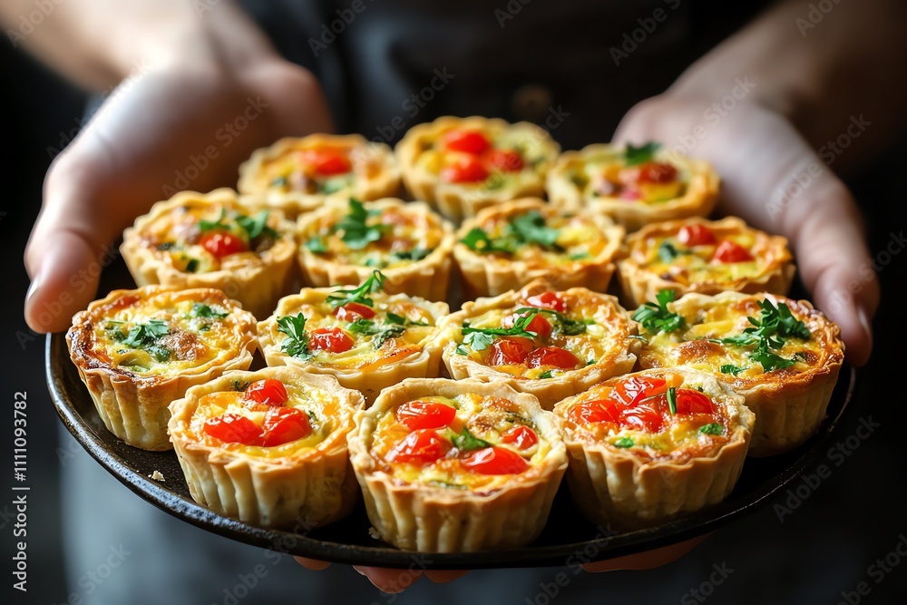 Hand-Held Assortment of Mini Quiches on a Plate Hand-Held Assortment of Mini Quiches on a Plate