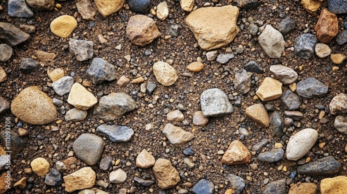 Close-up View of Various Sized Stones and Gravel on a Sandy Surface