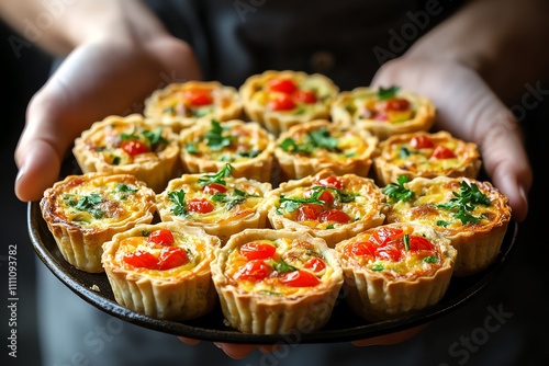 Hand-Held Assortment of Mini Quiches on a Plate