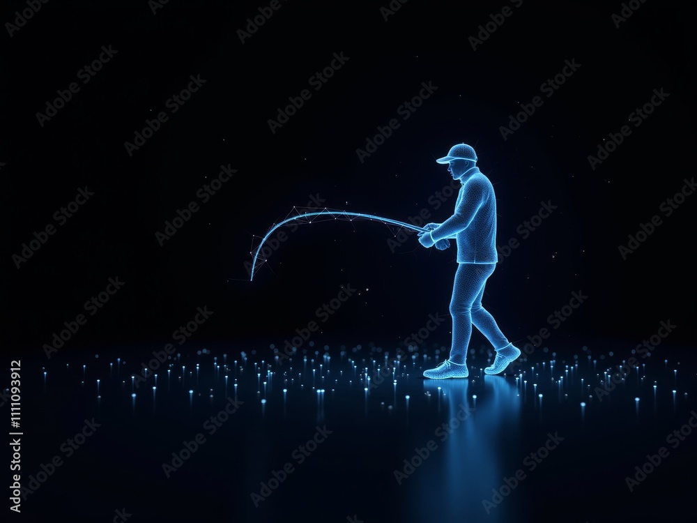 Digital illustration of a fisherman with glowing geometric patterns on a dark background Digital illustration of a fisherman with glowing geometric patterns on a dark background