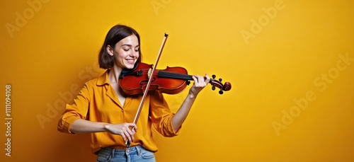 Young woman plays violin against yellow background. Wears mustard yellow shirt, jeans. Smiling, focused. Image perfect for music education, classical music, musical talent related articles content. photo