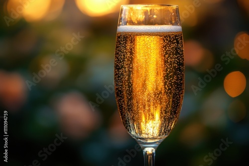 A sparkling champagne glass with festive bokeh in the background. A luxurious and elegant theme for parties and holidays. Banner with space for text photo