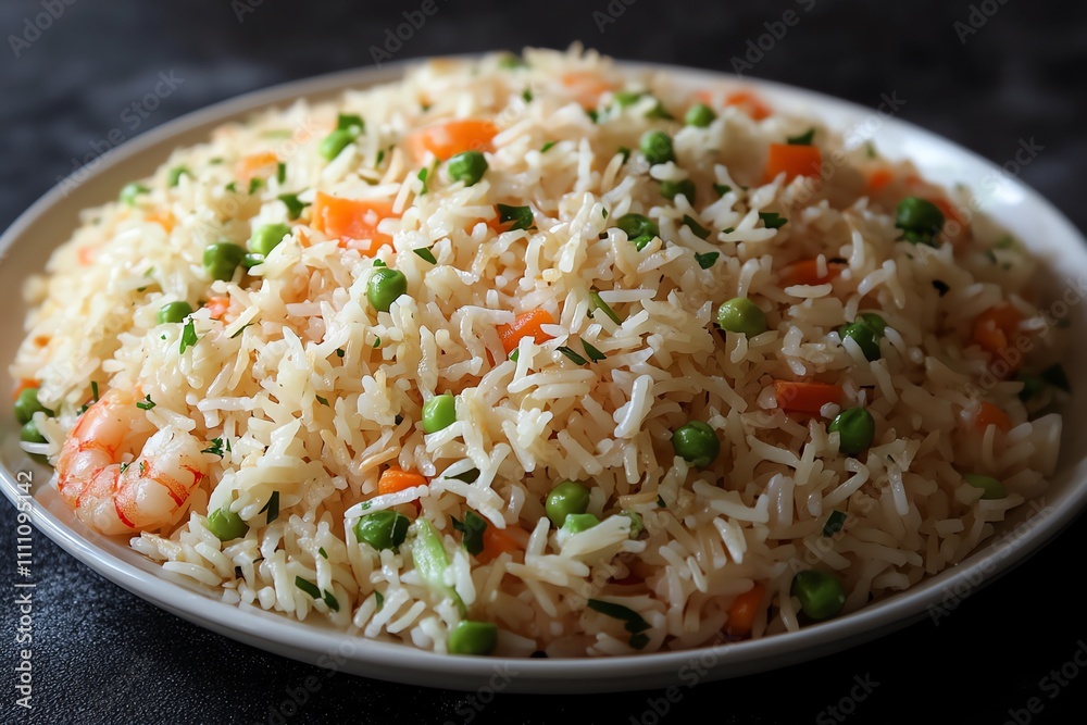Delicious Shrimp Fried Rice Served on a Black Table - Top View Delicious Shrimp Fried Rice Served on a Black Table - Top View