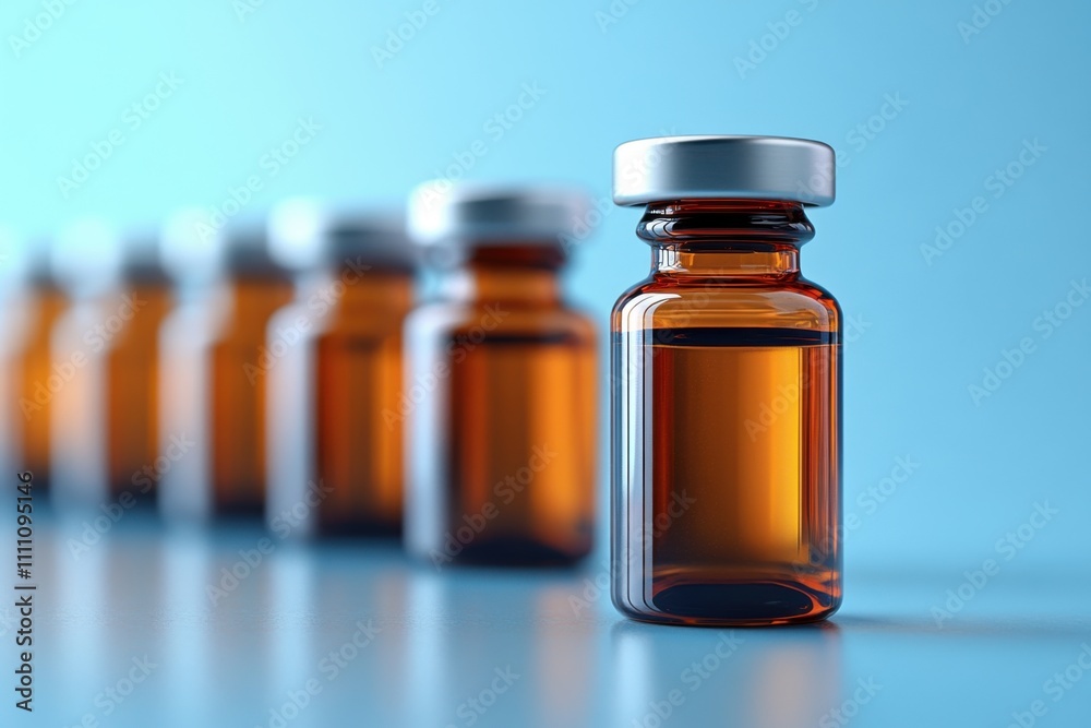 Several vaccine bottles placed against a calming blue background. A modern and clean design for healthcare and science. Banner with space for text Several vaccine bottles placed against a calming blue background. A modern and clean design for healthcare and science. Banner with space for text