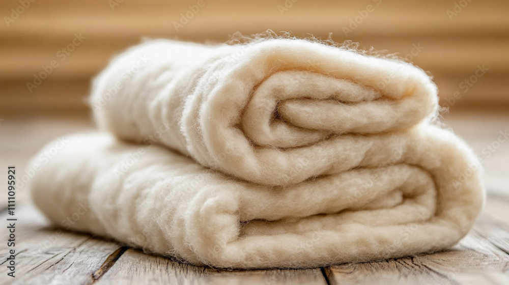Soft folded blankets stacked on a rustic wooden surface in natural light Soft folded blankets stacked on a rustic wooden surface in natural light
