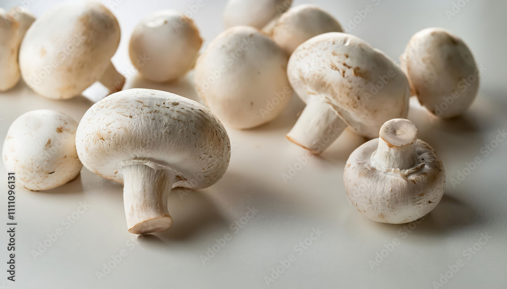 Fresh white button mushrooms on white surface showcasing natural bounty Fresh white button mushrooms on white surface showcasing natural bounty